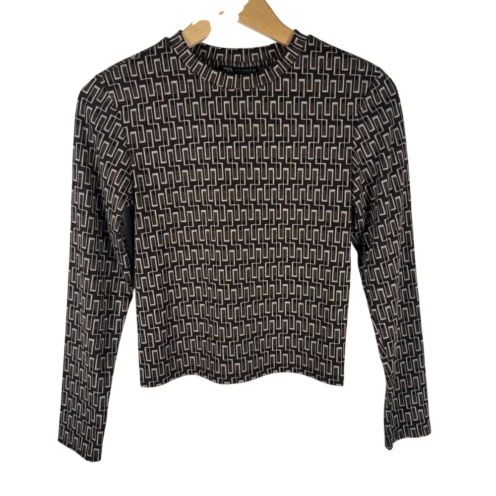 Zara Geometric Maze Print Long Sleeve Knit Womens M Brown Crew Neck Cropped